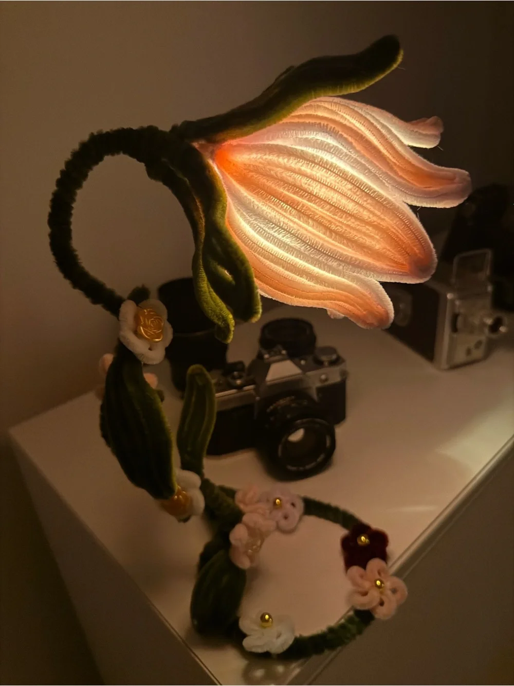 Enchanted Garden Table Lamp – Handmade Fuzzy Wire Flower Light